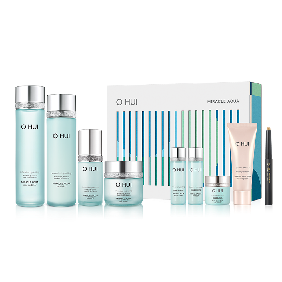 OHUI Miracle Aqua Set (Skin Softener, Emulsion, Essence, Gel Cream, Hyaluronic Water Patch)