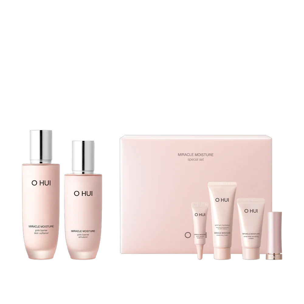 OHUI Miracle Moisture Pink Barrier Special Set (Softener, Cream, Foam, Emulsion, Essence, Mini Lipstick)